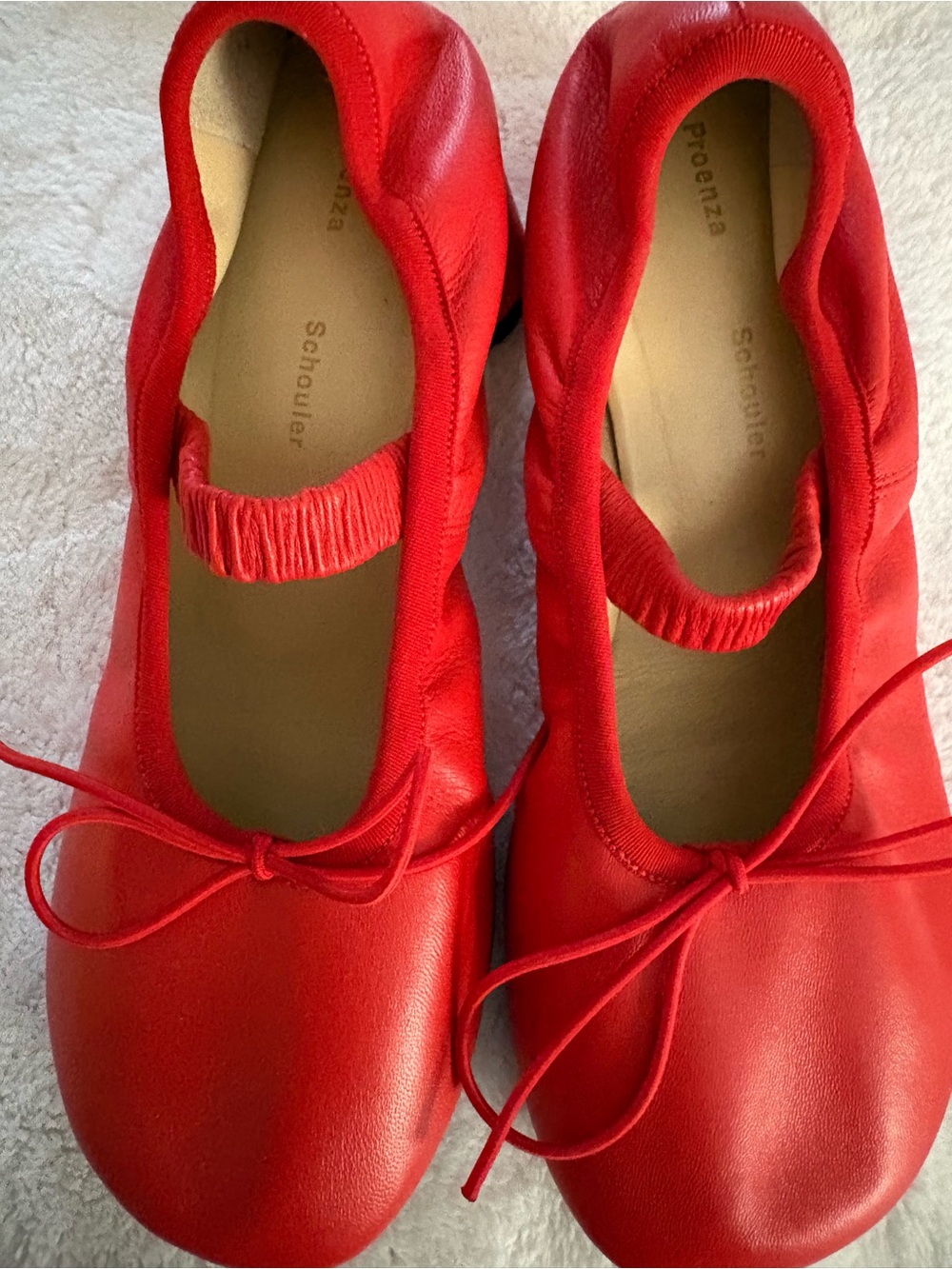 Proenza Schouler Red Leather Ballet Flats with Elastic Strap and Bow